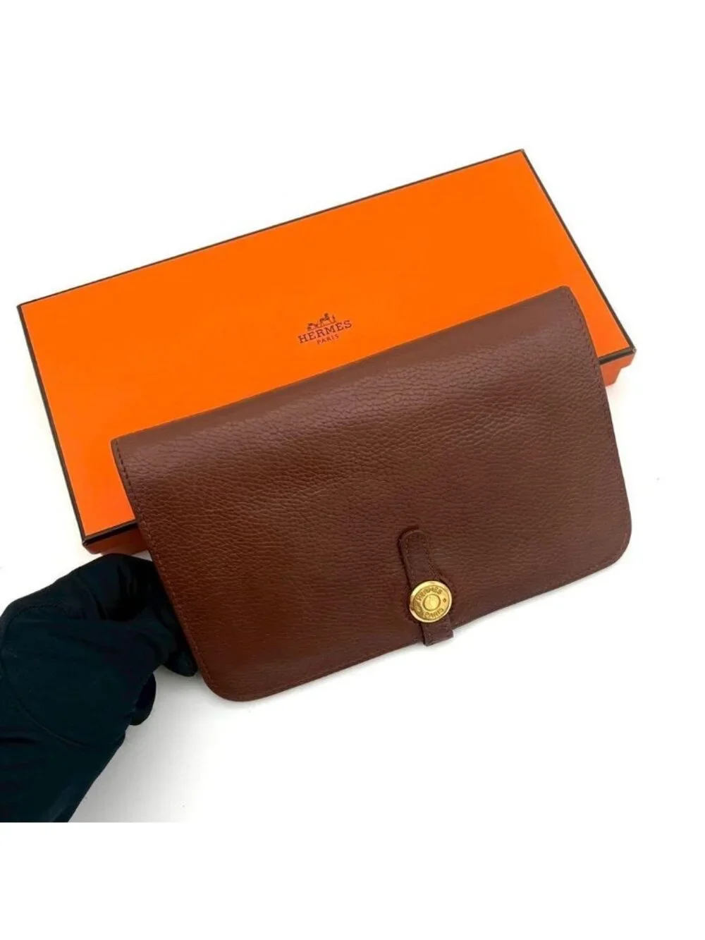 Hermes Dogon GM Togo Wallet Brown Silver Leather